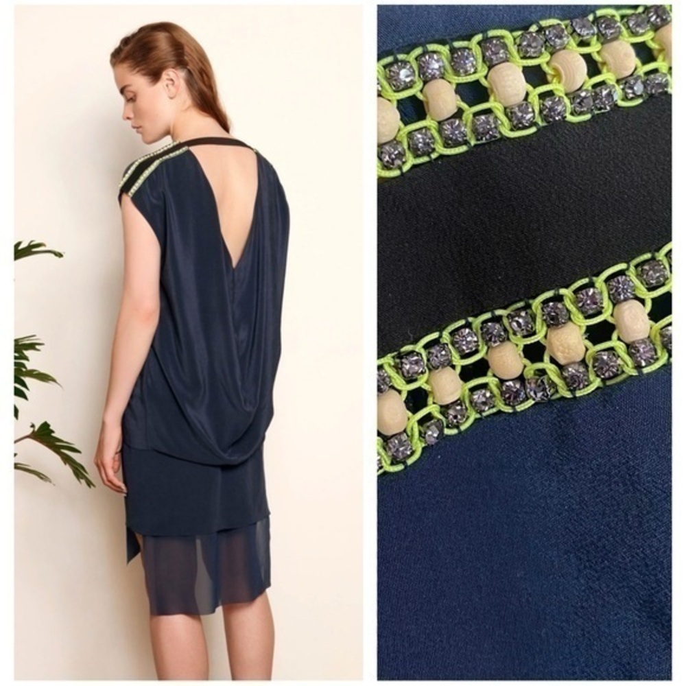 Nocturne Navy Blue Silk Open Back Jeweled Shoulder Layered Mini Eloise Dress 6